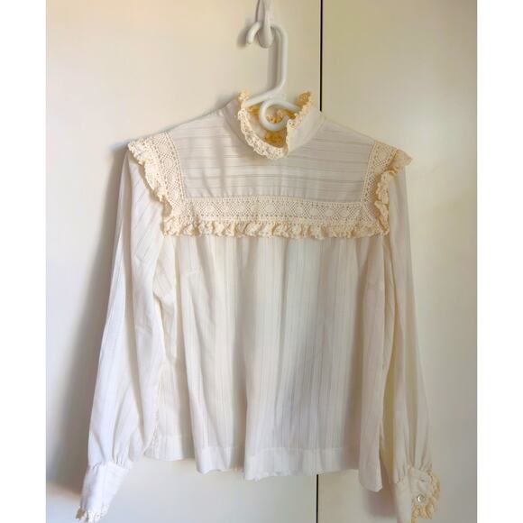 Vintage 80s Prairie Blouse Size Small Cream Crochet Collar/cuff Boho Cottagecore - Picture 2 of 9